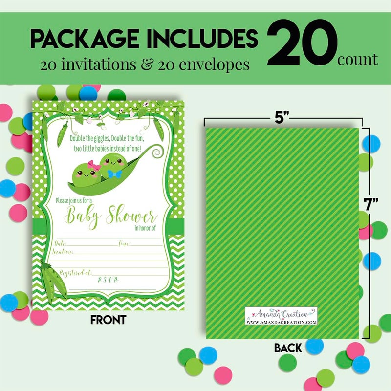 Amanda Creation Two Peas in a Pod Twin Boy and Girl Baby Shower Invitations 20 5x7 Fill In Cards with Twenty White Envelopes by AmandaCreation - Image 4